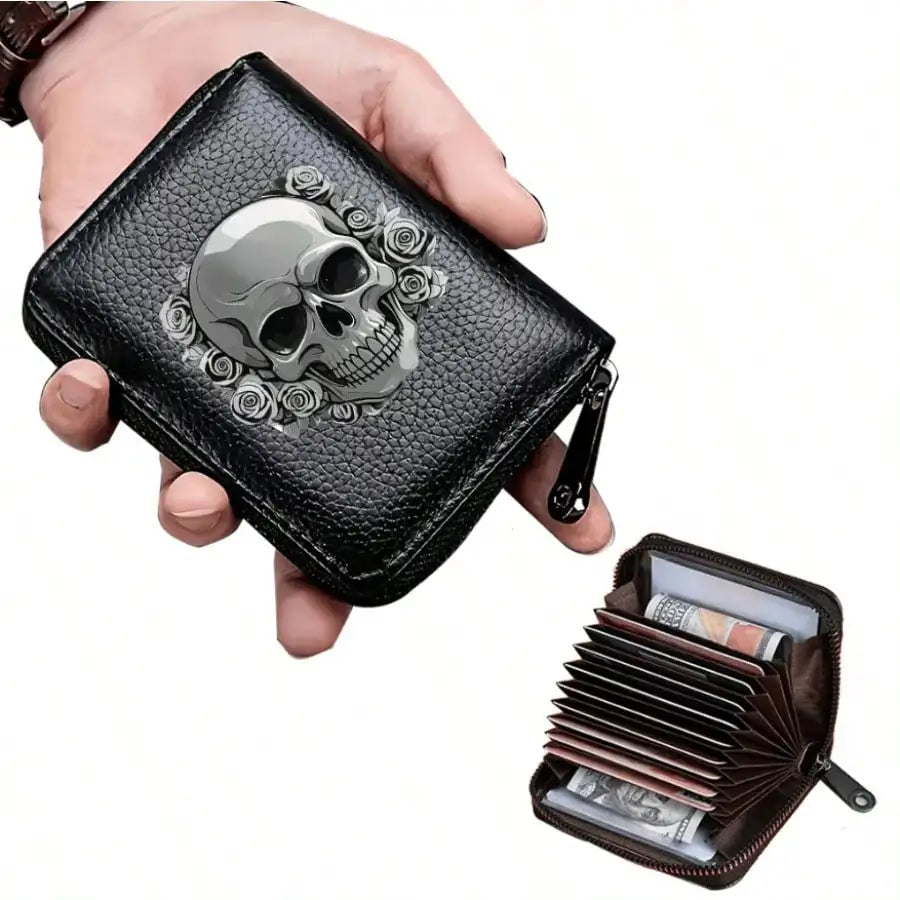 Gothic Skull Floral Print Wallet Multifunctional Card Holder Zipper Coin Purse Unique Gift For Men Mini Wallet Purse Card Holder