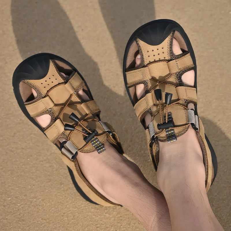 Genuine Leather Mens Water Beach Sandals Summer Closed Toe Sandals Non-slip Hiking Wading Sneakers Quick Dry Wading Aqua Shoes