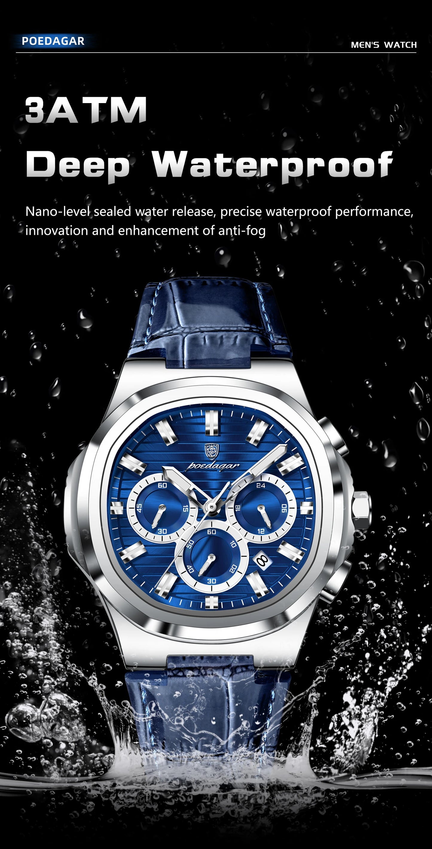 POEDAGAR Top Business Man Wristwatch Date Chronograph Waterproof Luminous Luxury Men Watch Leather Quartz Men's Watches Male+Box