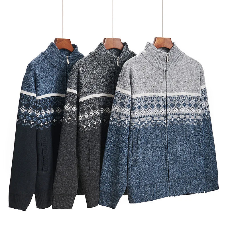 Men's Zip Up Fair Isle Cardigan Sweater Warm Knit Jacquard Stand Collar Casual Winter Pullover with Thermal Lining
