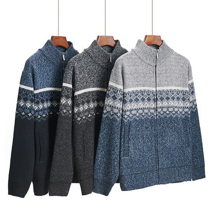 Men's Zip Up Fair Isle Cardigan Sweater Warm Knit Jacquard Stand Collar Casual Winter Pullover with Thermal Lining