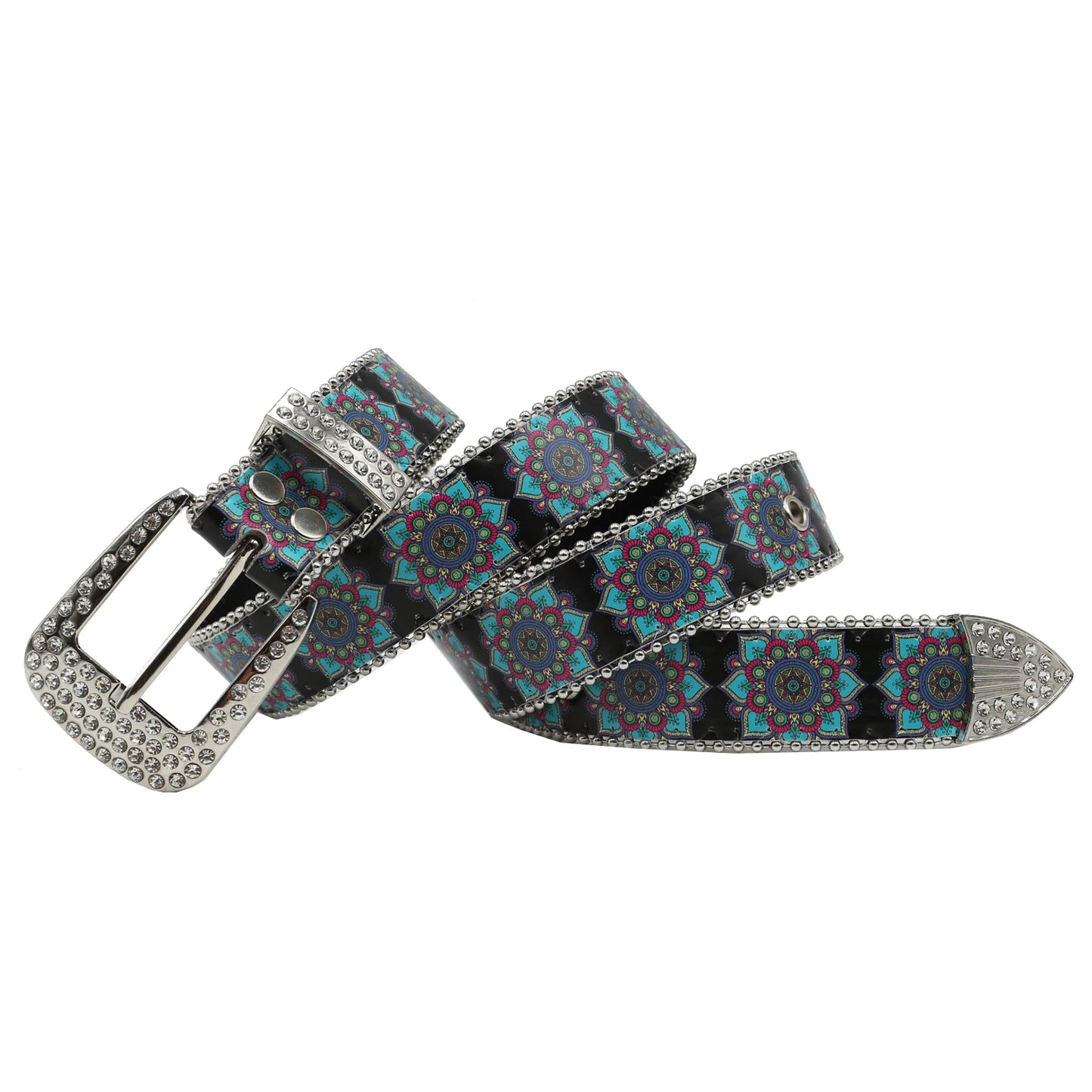 Rhinestone belt blue totem print New Women's Fashion Rhinestone Versatile Fashion PU Leather Belt Jeans Punk Rock Y2K Belt