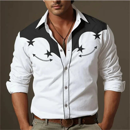 Men's Western Shirt Vintage Pattern Lapel Long Sleeve Button Print Top Fashion Streetwear Designer Western Style