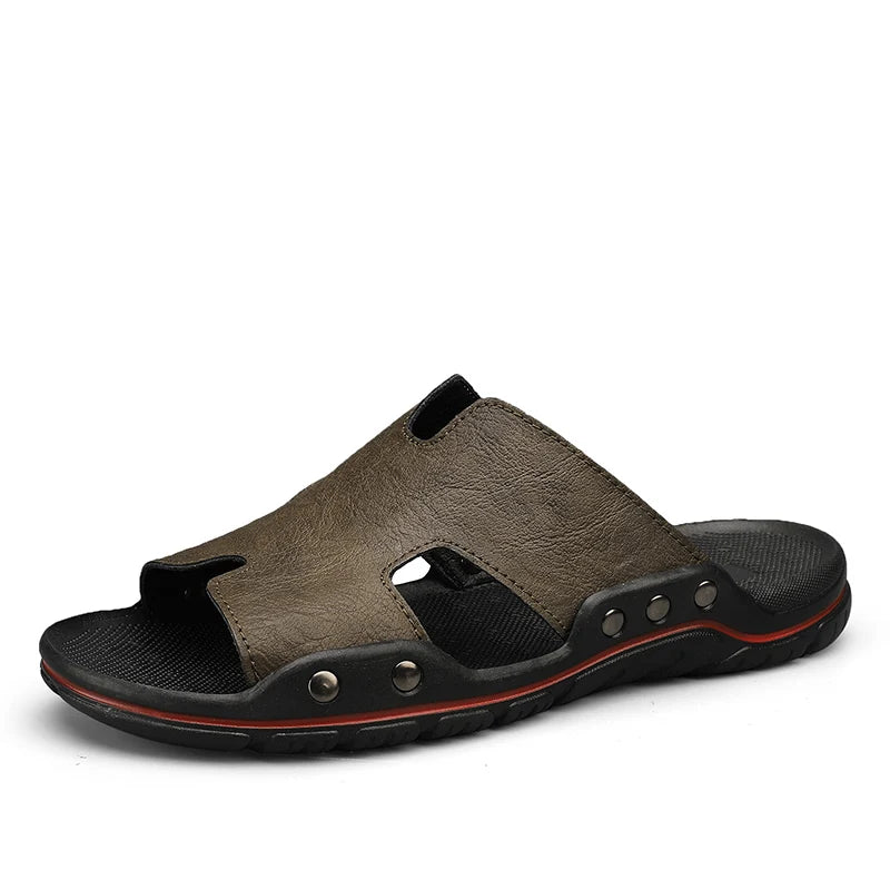 Summer Men Slippers Genuine Leather Breathable Clogs Sandals Beach Classics Leather Slides Outdoor Flip Flops Plus Size Men Shoe