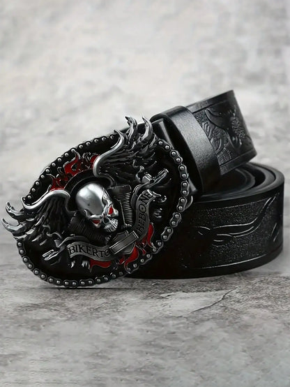 HERSHINE Men's Vintage Embossed Leather Belt (1 Piece), Skull Ghost Buckle, Y2K Gothic Punk Rock Hip Hop Accessory，spring，summer