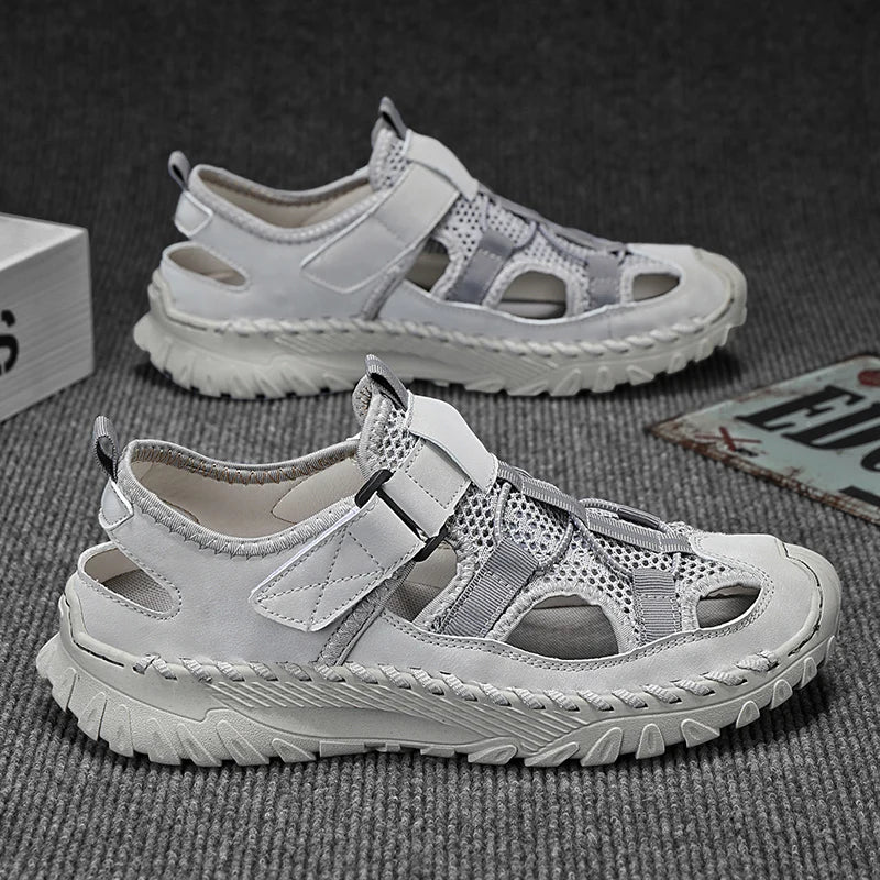 Men Outdoor Protective Toe Sandals Hollow Breathable Mesh Upper Quick Dry Lining Non Slip Walking Camping Driving Casual Shoes