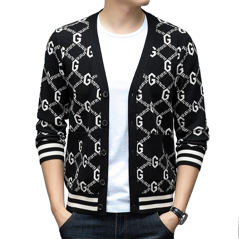 Autumn and Winter New Men's Trendy Brand Fashion Printed Top Long Sleeve Jacket Knitted Sweater for Men
