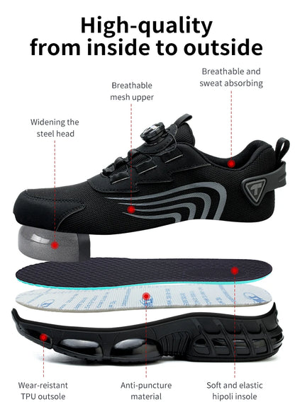 Rotary Button New Safety Shoes Men's Anti-Smash Anti-Puncture Work Shoes Fashion Men's Sneakers Safety Boots