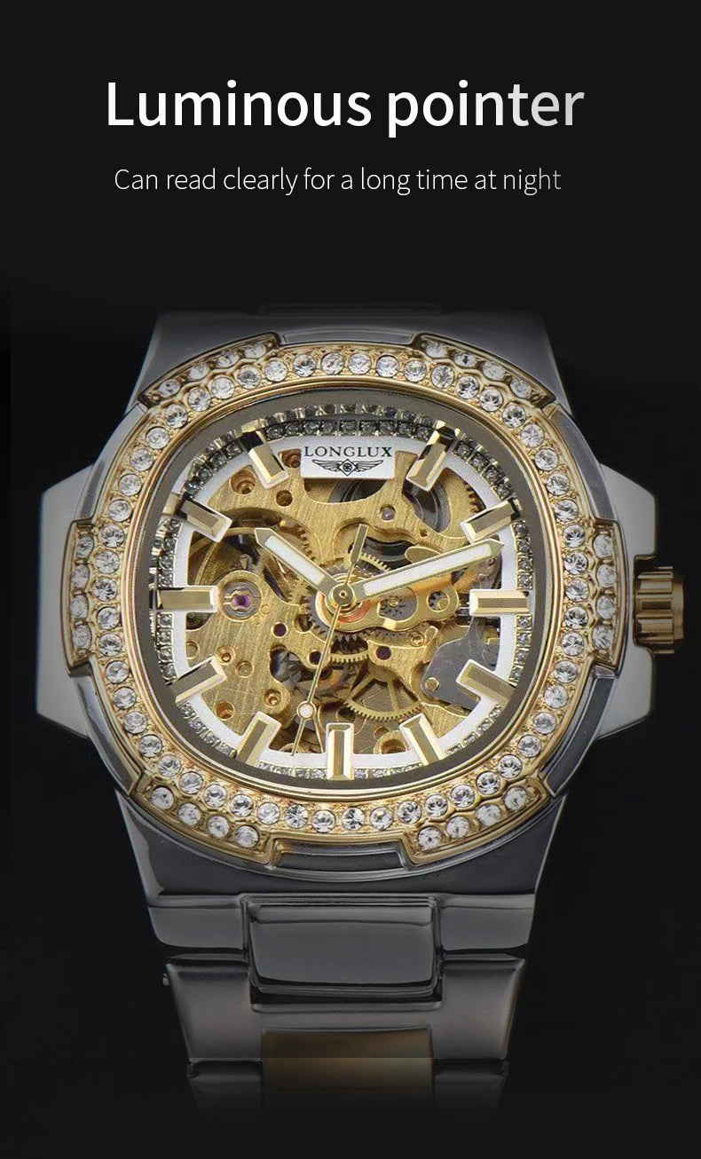 LONGLUX Automatic Man Watch Luxury Stainless Steel Wholesale Mechanical Wristwatches Skeleton Waterproof Diamond Watch Man Watch