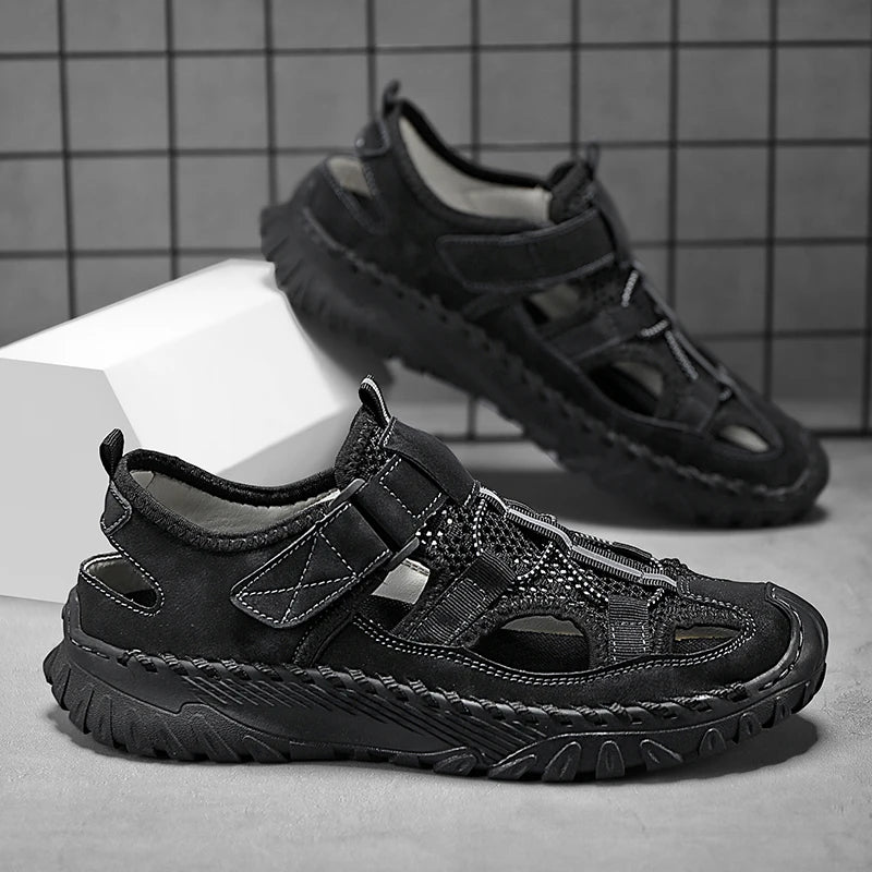 Men Outdoor Protective Toe Sandals Hollow Breathable Mesh Upper Quick Dry Lining Non Slip Walking Camping Driving Casual Shoes