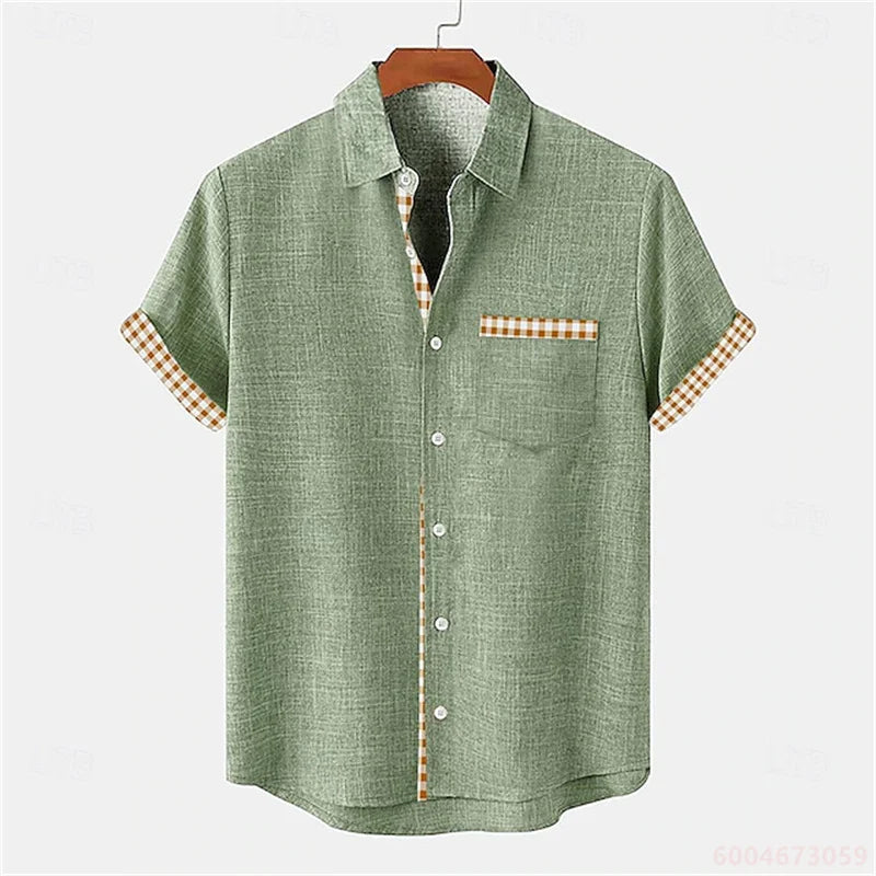 2026 Summer Men's Short-Sleeve Shirt, Coconut Tree Print, Color-Blocked Placket, Casual Vacation Beach Shirt, Hawaiian Shirt