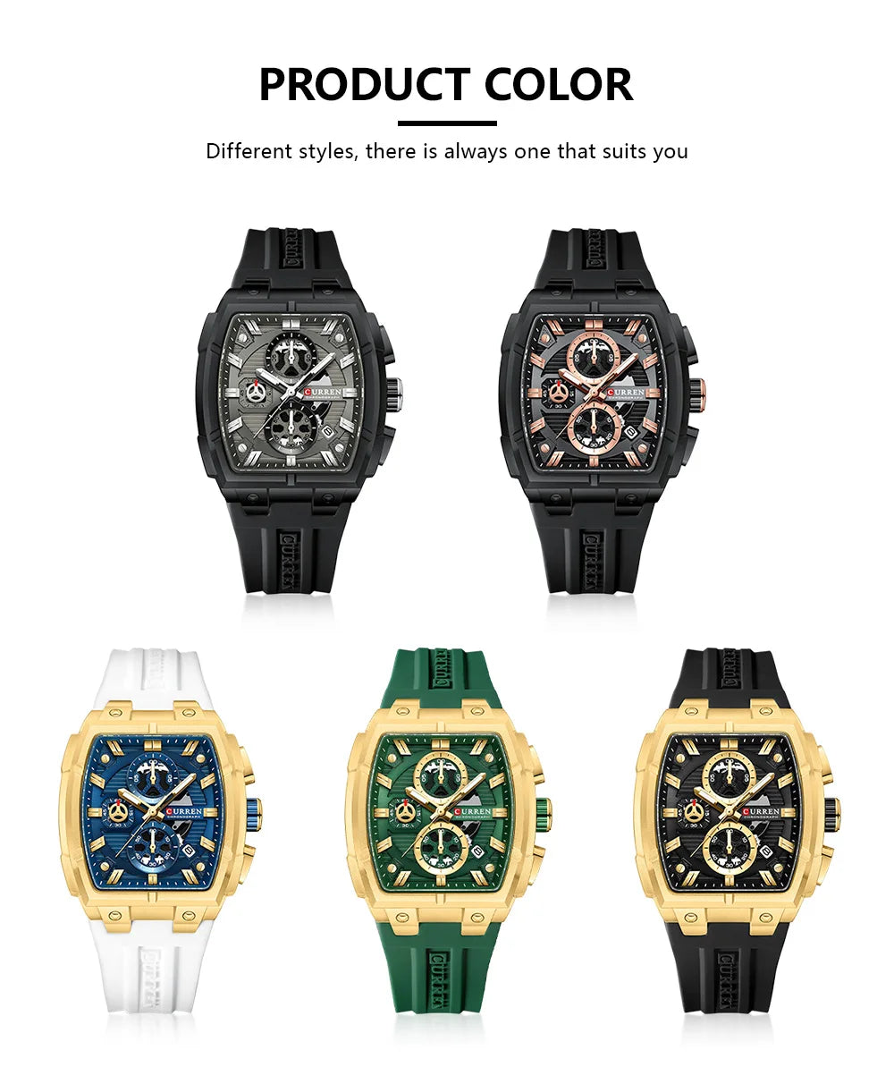CURREN Luxury Vintage Watch for Men Sports Chronograph Quartz Wristwatches with Silicone Strap,Date,Luminous