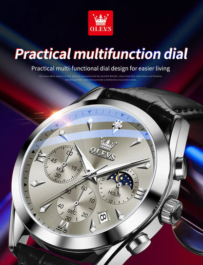 OLEVS Luxury Men's Watches Leather Strap Waterproof Luminous Chronograph Moon Phase Man Watch Top Original Quartz Watch for Men