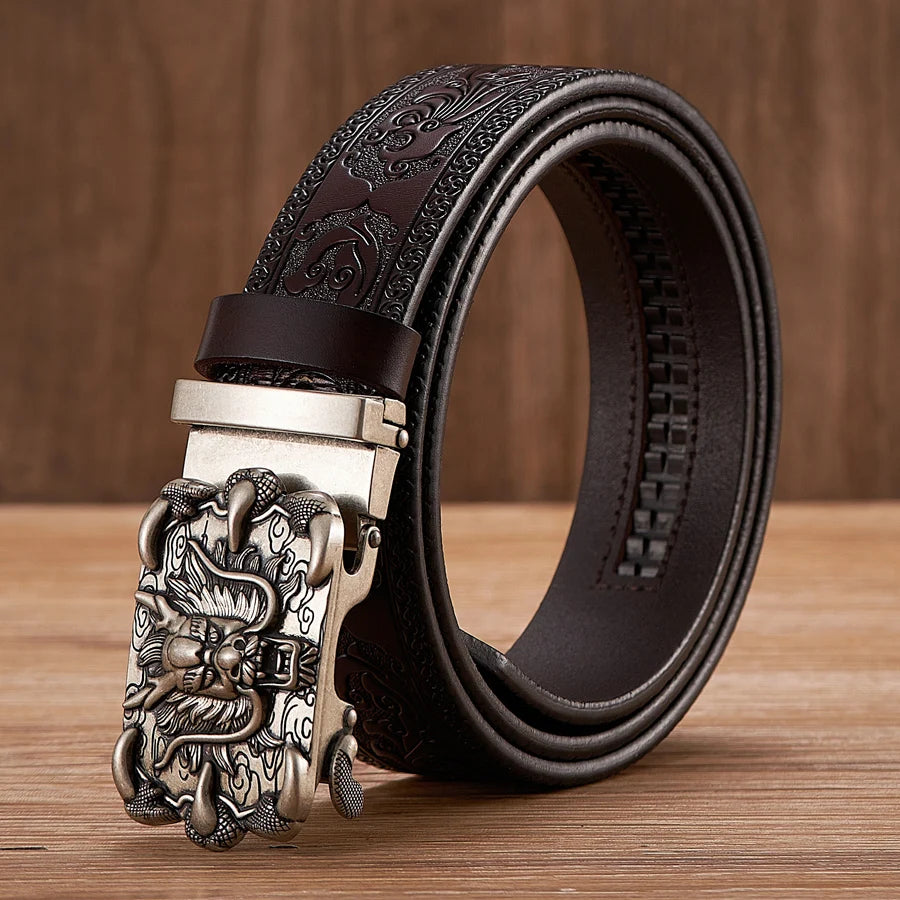 3.5cm Fashion Embossing Retro Male Belts for Men Business Split Leather Belt Dragon Pattern Automatic Buckle Strap