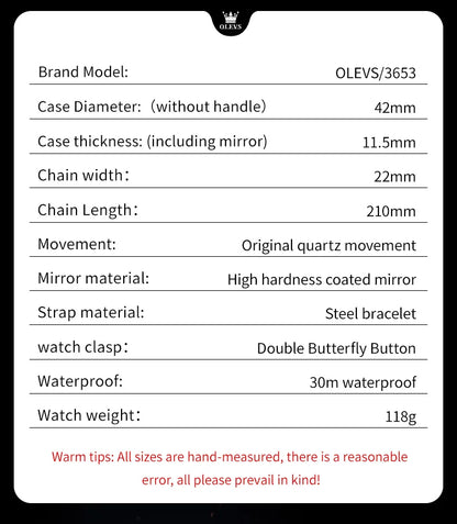 OLEVS 3653 Original Mens Quartz Watch NEW Four Functional Small Dials Chronograph 24-hour Moon Phase Stainless Steel Waterproof Man Wristwatch