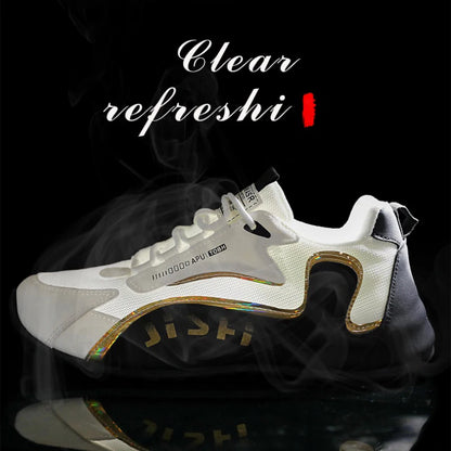 Trendy Black and Gold Color-Blocking Mesh Casual Shoes, Men's Breathable Shock-Absorbing Thick-Soled Sneakers, Versatile Soft-Soled Non-Slip Men's Shoes for Daily Commuting