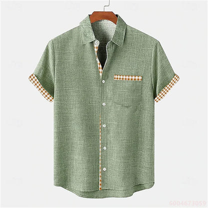 2026 Summer Men's Short-Sleeve Shirt, Coconut Tree Print, Color-Blocked Placket, Casual Vacation Beach Shirt, Hawaiian Shirt