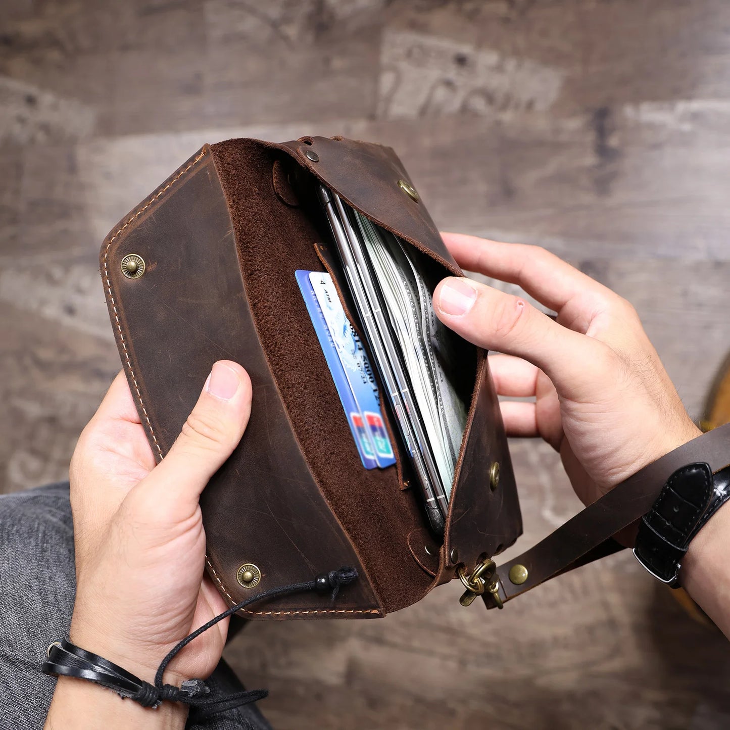 S.WORKER Classic Full Grain Leather Long Wallet For Men Large Capacity For Cash&Cards Slot Pocket Purse