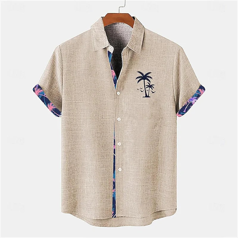 2026 Summer Men's Short-Sleeve Shirt, Coconut Tree Print, Color-Blocked Placket, Casual Vacation Beach Shirt, Hawaiian Shirt