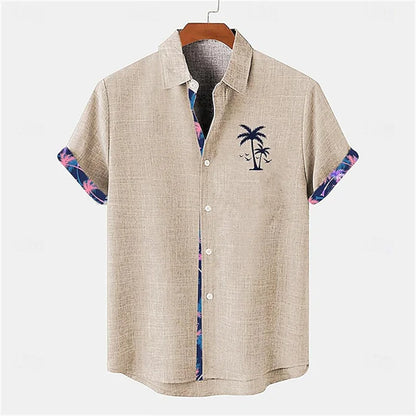 2026 Summer Men's Short-Sleeve Shirt, Coconut Tree Print, Color-Blocked Placket, Casual Vacation Beach Shirt, Hawaiian Shirt