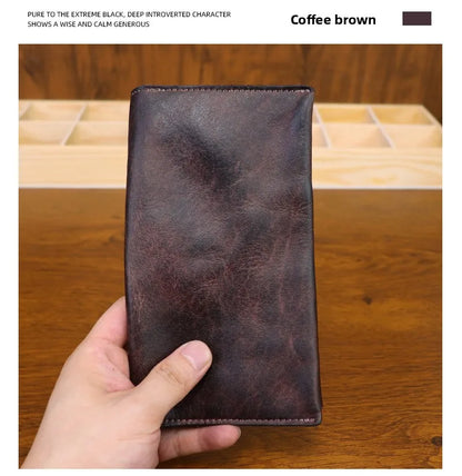 Large Capacity Men Wallet Vintage Genuine Cow Leather Handbag Card Holder Phone Pocket High Quality Handmade Male Money Clips