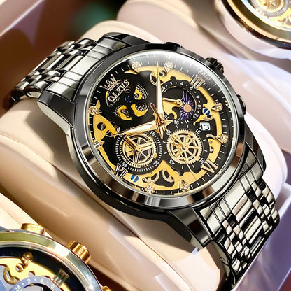 OLEVS 9947 Men's Watches Top Brand Luxury Original Waterproof Quartz Watch for Man Gold Skeleton Style 24 Hour Day Night New