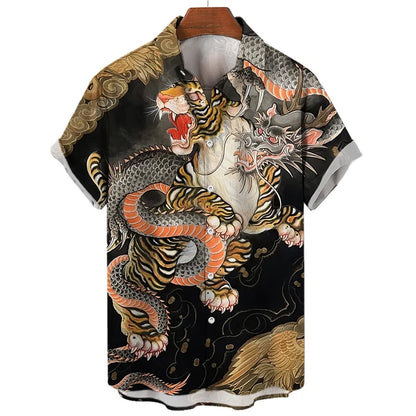 Men's Shirts 3D Animal Tiger Dragon Printed Short Sleeve Hawaiian Shirts Blouse New in Casual Button Up Aloha Shirt Male Tops