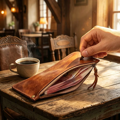 High Quality Genuine Leather Retro Men Wallet Handmade Handbag Phone Pocket Simple Card Bag Big Capacity Soft Male Purses