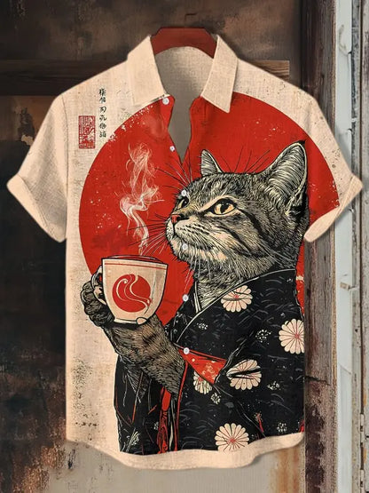 Men's Edo Cat Samurai Warrior Japanese Art Anime Shirts 3D Print Casual Hawaiian Shirts Summer Men Women Short Sleeve Blouse Top