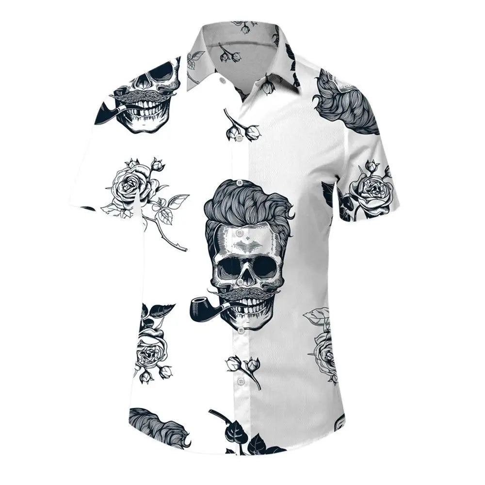 Summer New Retro Men's Shirt Devil Horror Skull Short Sleeve Shirt Collar 3D Printing