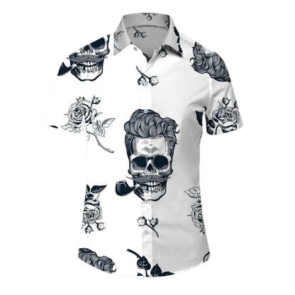 Summer New Retro Men's Shirt Devil Horror Skull Short Sleeve Shirt Collar 3D Printing