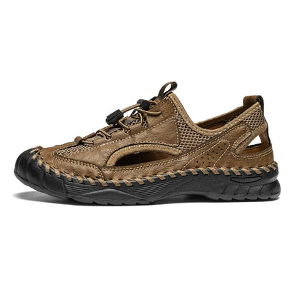 Summer Men Full Casual Leather Hand Stitch Big Size Outdoor Beach Sandals Closed Toe Non Slip Comfort New Summer Walking Shoes