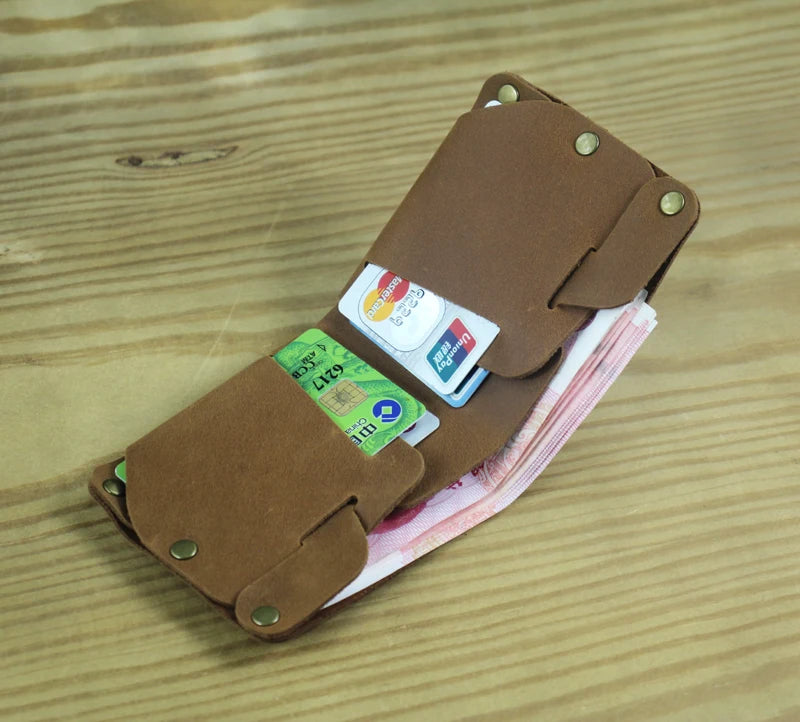 Fashion PUNK Handmade Crazy Horse Genuine Leather Wallet Men Money clip Short Wallet Bag Stud male Purse Card Holder Wallet