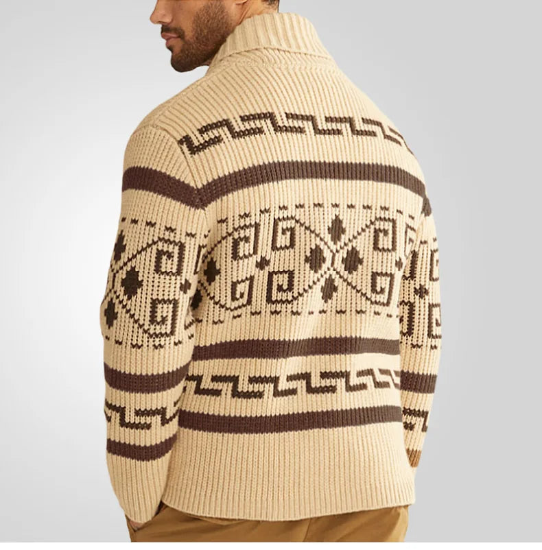 Men's Geometric Knit Cardigan Shawl Collar Full Zip-Up Tribal Print Sweater Chunky Ribbed Knit Vintage Navajo-Inspired Jacket