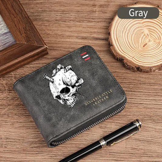 Dominator Dark Skull Men's Vintage Short Wallet Zipper Coin Purse Casual Buckle Waist Chain Money Bag For Students Gift
