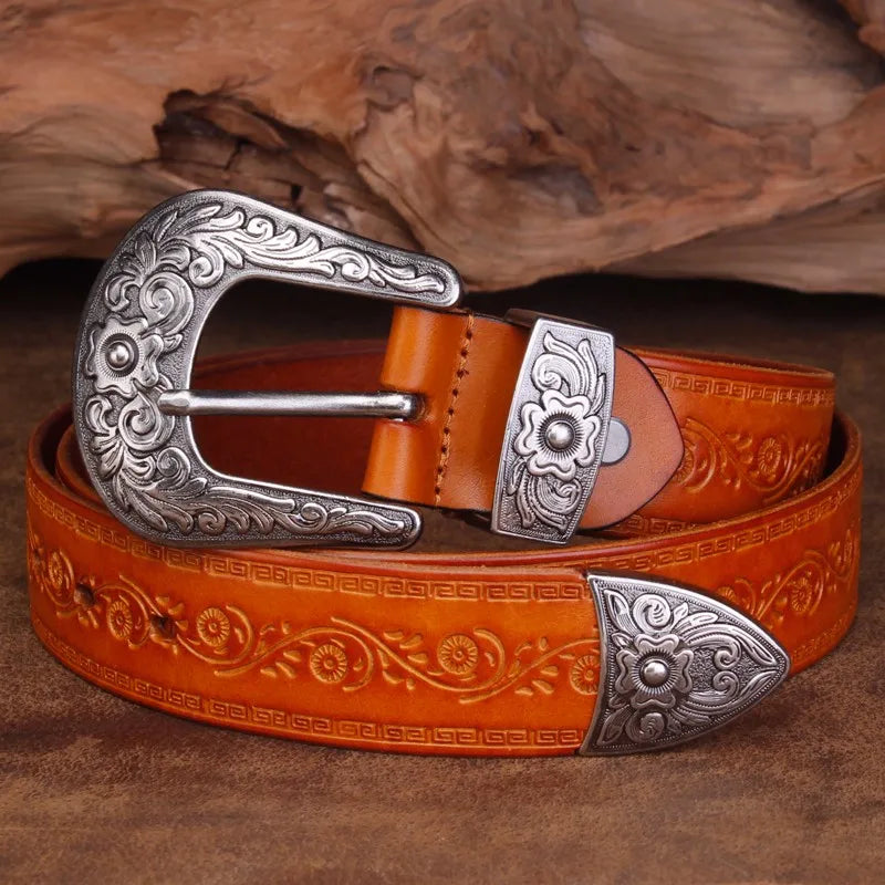 High Quality Court Style Embossed Western Cowboy Steel Buckle Belt Genuine Leather Designer Men Belt Punk Jeans Belts For Men