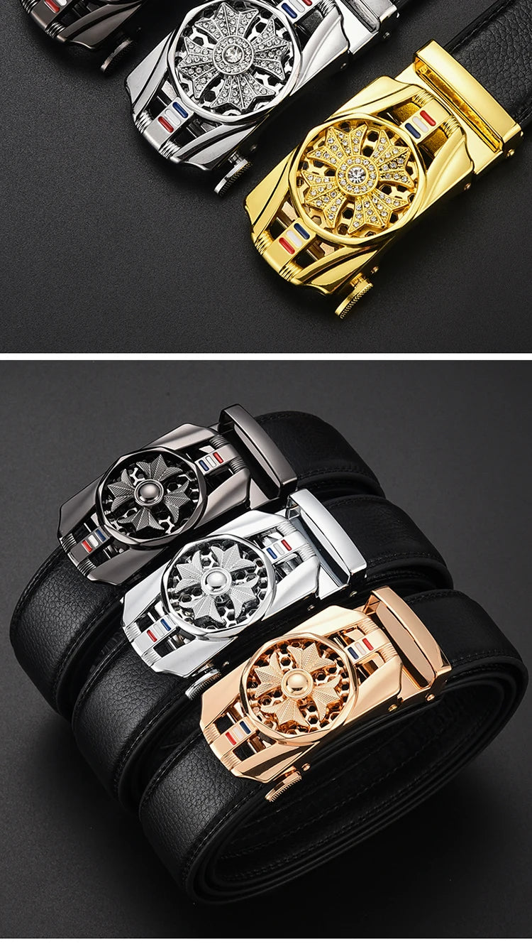 Mens Belt Material Metal Rotatable Buckle  Leather Belt High Quality Men Business Belt Golden Waist Buckle Rhinestone De