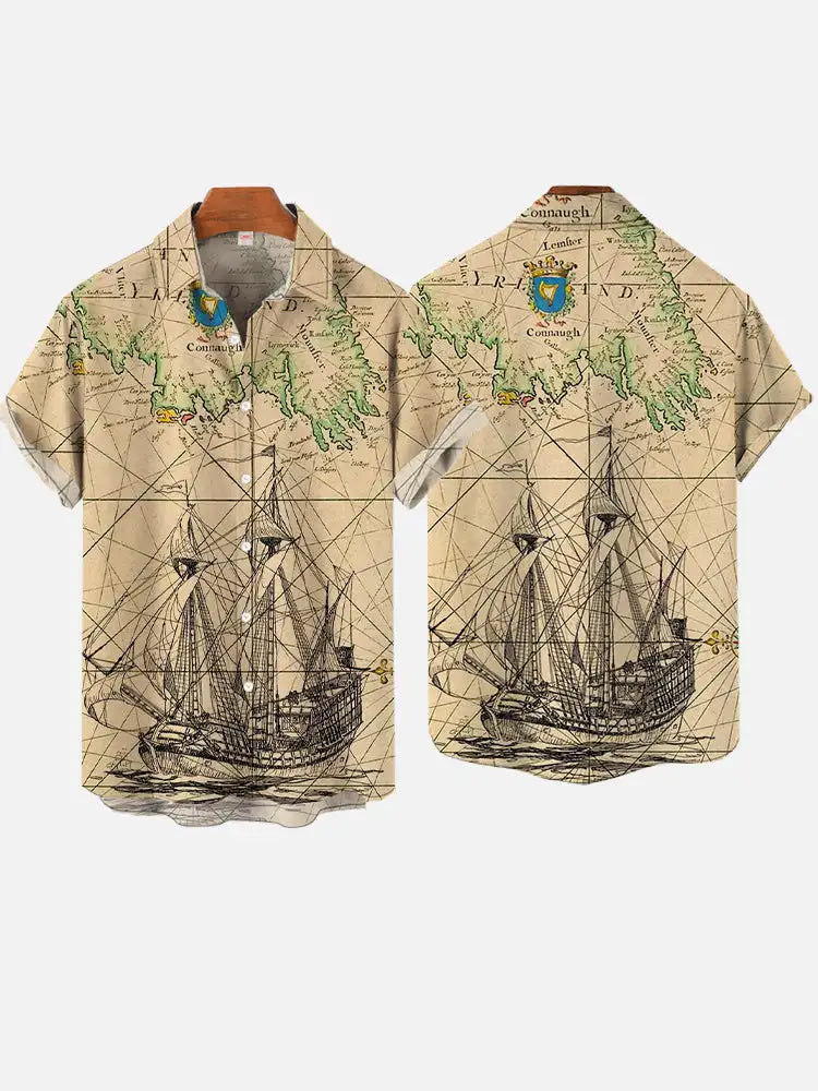 Mermaid Retro Printed Shirts Men's European And American Pattern Shirts Summer Casual Short Sleeved Shirt Hawaiian Button Shirts