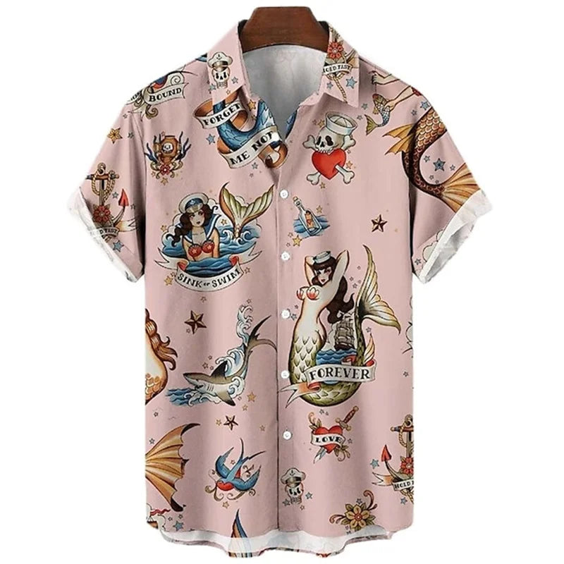 Mermaid Retro Printed Shirts Men's European And American Pattern Shirts Summer Casual Short Sleeved Shirt Hawaiian Button Shirts