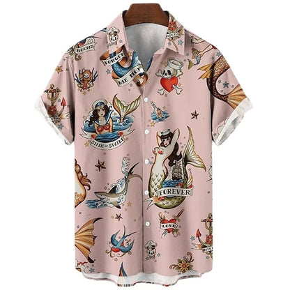 Mermaid Retro Printed Shirts Men's European And American Pattern Shirts Summer Casual Short Sleeved Shirt Hawaiian Button Shirts