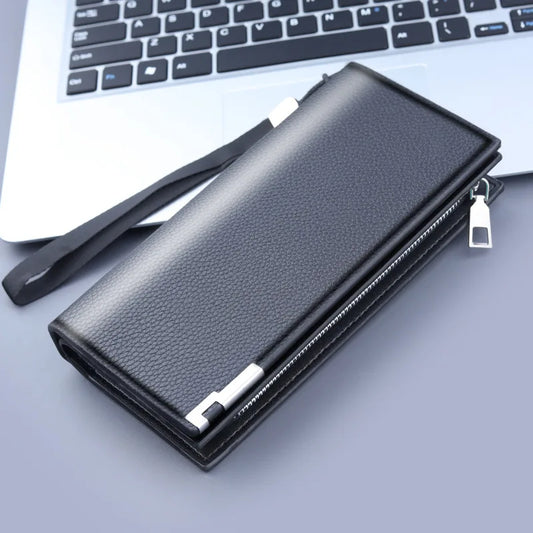 Long Clutch Men PU Material Zipper Hasp Cell Phone Bag Card Holder Coin Pocket Large Capacity Multifunctional Handbag Business