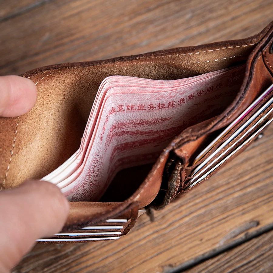 GURO High Quality Men Genuine Leather Wallet Vintage Bifold Money Clip Credit Card Holder Luxury Design with Zipper Coin Pocket