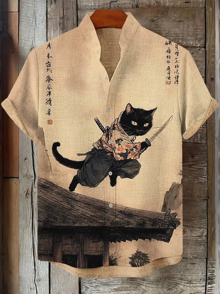 Men's Edo Cat Samurai Warrior Japanese Art Anime Shirts 3D Print Casual Hawaiian Shirts Summer Men Women Short Sleeve Blouse Top