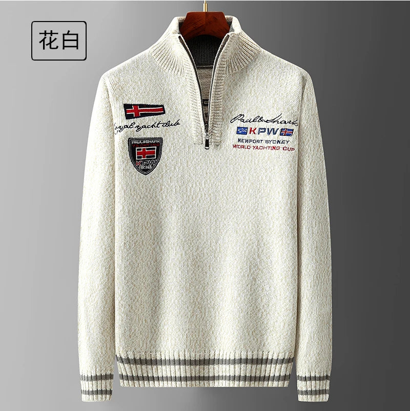 White Sweater Male Knitwear Shark Clothing Cotton Wool Jumpers Pullover Coats Jacquard Christmas Knitted Half Turtleneck Zip