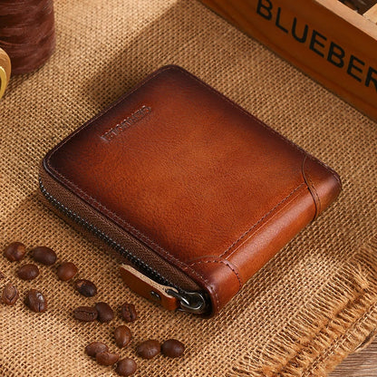 Wallet for men genuine leather zipper wallet, change card bag, all-in-one wallet, trendy short clip for men