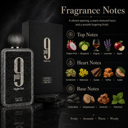 Afnan 9 PM Night Out 100ml Extrait De Parfum Dragon Fruit Bergamot Cognac Lavender Scent Unisex Luxury Perfume Spray for Night Out
