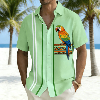 Men's Colorful Parrot Printed Short Sleeve Shirt, Striped and Tropical Macaw Pattern Loose Breathable Shirt