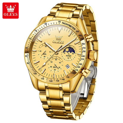 OLEVS 3618 Waterproof Luminous Date Moon Chronograph Wristwatches Mens Luxury Stainless Steel Quartz Watch for Men Reloj Hombre