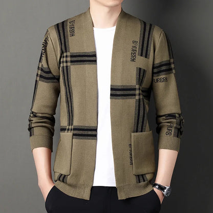 Autumn and Winter Men's Fashion Casual Wide Stripe Knitted Cardigan Simple Coat Plaid Dress British Long Sleeve Tops