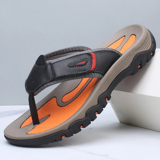 Men Sport Thong Slippers Genuine Leather Upper Adjustable Hook Loop Shock Absorb Anti Slip MD Sole Daily Beach Casual Flip Flops
